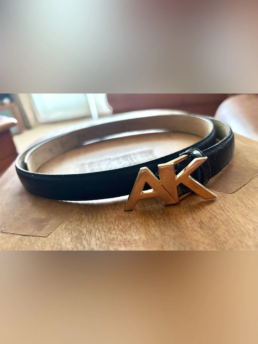 Vintage Anne Klein for Oroton Skinny Logo Belt Black Leather - hard to find! - L